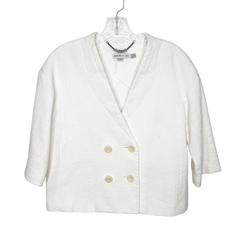 See by Chloe White double breasted Crop blazer Jacket short sleeves Size 8
